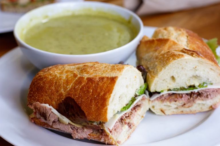 This photo shows a sandwich and soup.